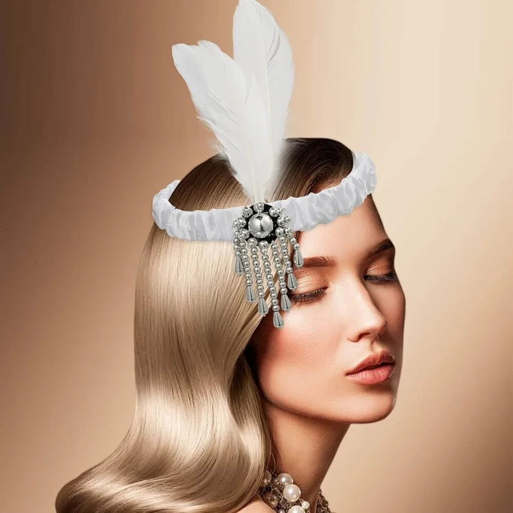 12pcs Flapper Headbands Set Feather Crystal Beads for Gatsby 1920s Party